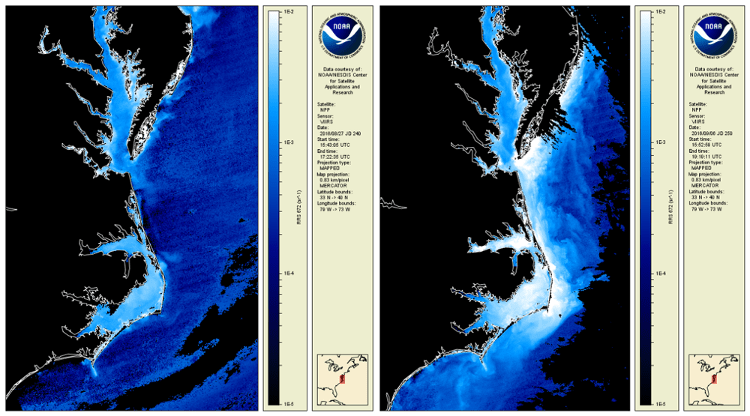 CoastWatch Sediment Index before (August 27, 2016 - left) and after the passing of tropical storm Hermine (September 6, 2016 - right). White depicts high sediment index values and blue depicts low sediment index values. Black represents areas with no data due to land or cloud cover.