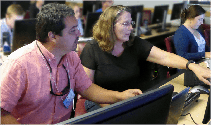 CoastWatch West Coast Node Manager Cara Wilson (front, center) supports a participant (Roberto Venegas) during the laboratory portion of the 2017 satellite data course (Image credit: Dale Robinson).