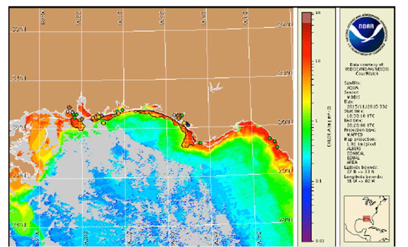 CoastWatch chlorophyll satellite image with possible K. brevis bloom areas shown by red polygon(s).