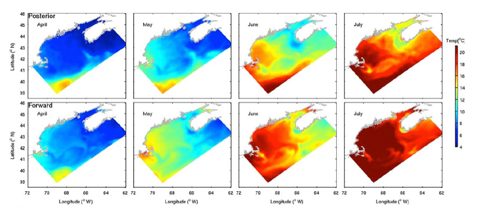 Monthly averaged modeled surface temperatures in the Gulf of Maine for forward and posterior solutions of the data assimilative model.