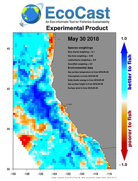 Example of an EcoCast experimental forecast product depicting good areas to fish