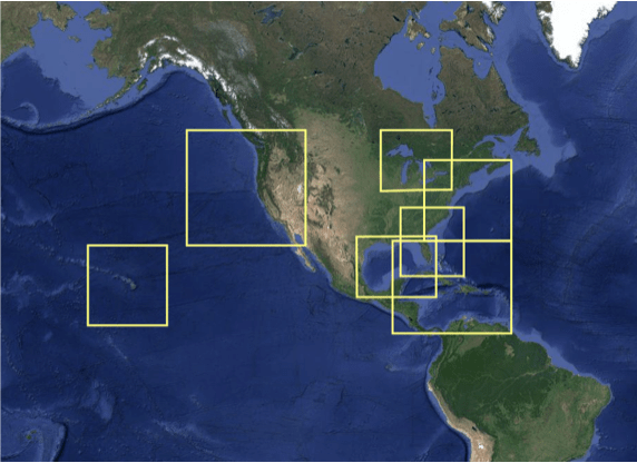 Seven heritage CoastWatch "CONUS" regions (clockwise from top right: Great Lakes, NorthEast, SouthEast, Caribbean, Gulf of Mexico, Hawaii, West Coast).