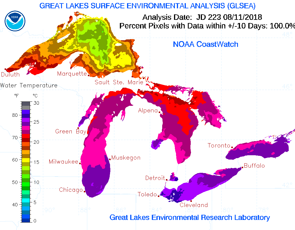 Animation depicting multi-day changes in sea surface temperature across the Great Lakes