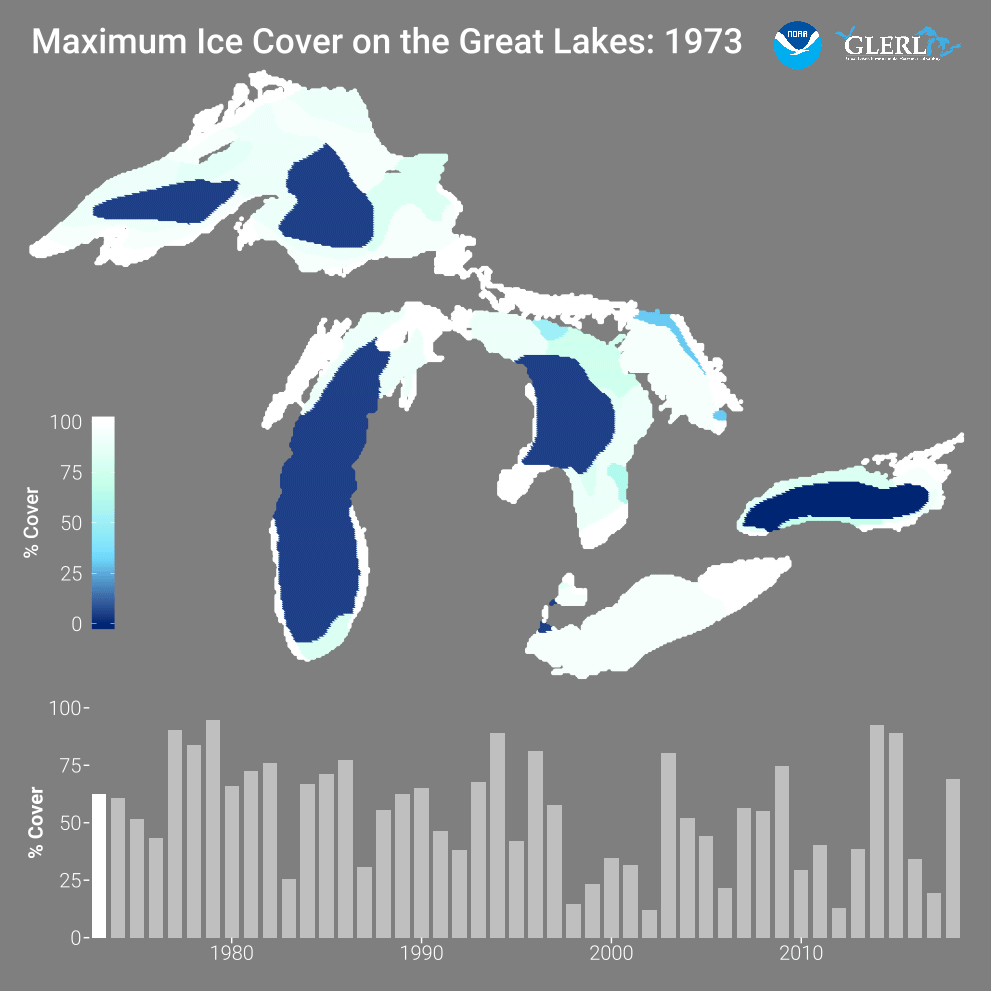 Animation depicting the changes between annual maximum ice cover over the Great Lakes 