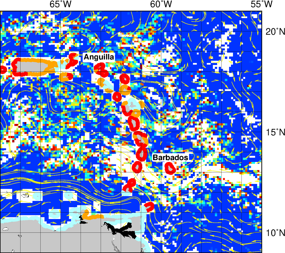 SIR of the Lesser Antilles from July 25. Over half of the shoreline is at a Medium or High Risk Level.