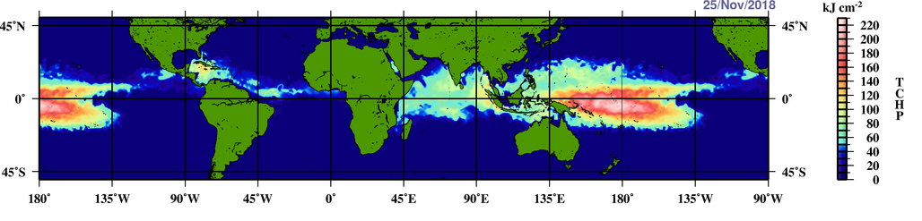 Global map projection displaying tropical cyclone potential energy along the equator