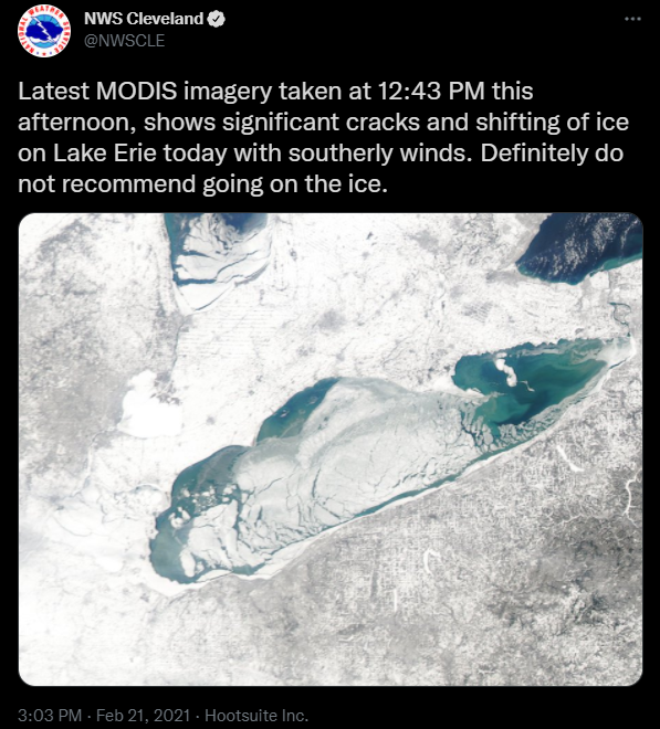 Visible imagery of ice cover over Lake Erie taken by MODIS