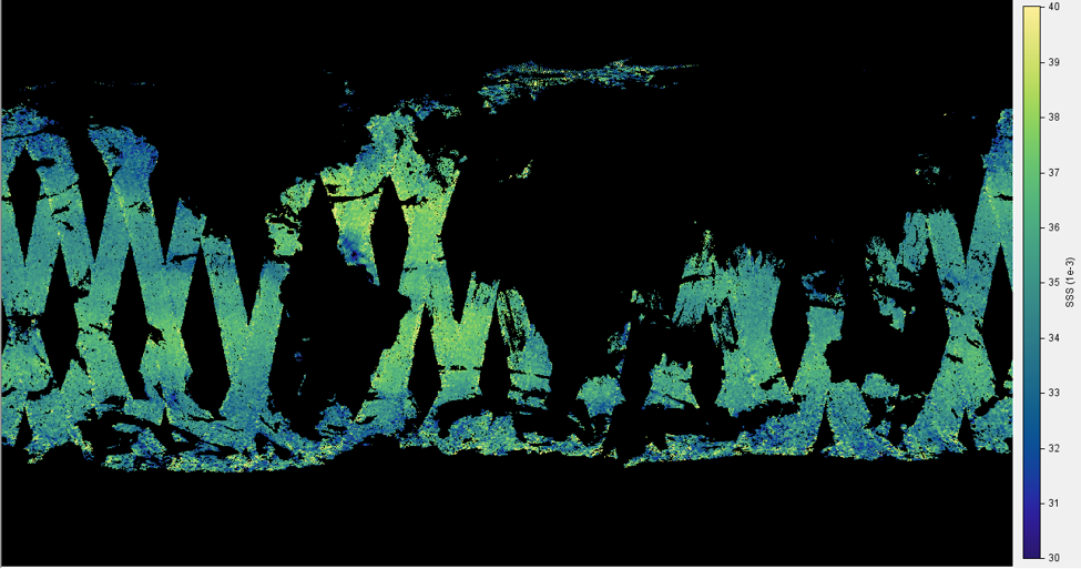 Global map projection displaying sea surface temperature with sequential color bar