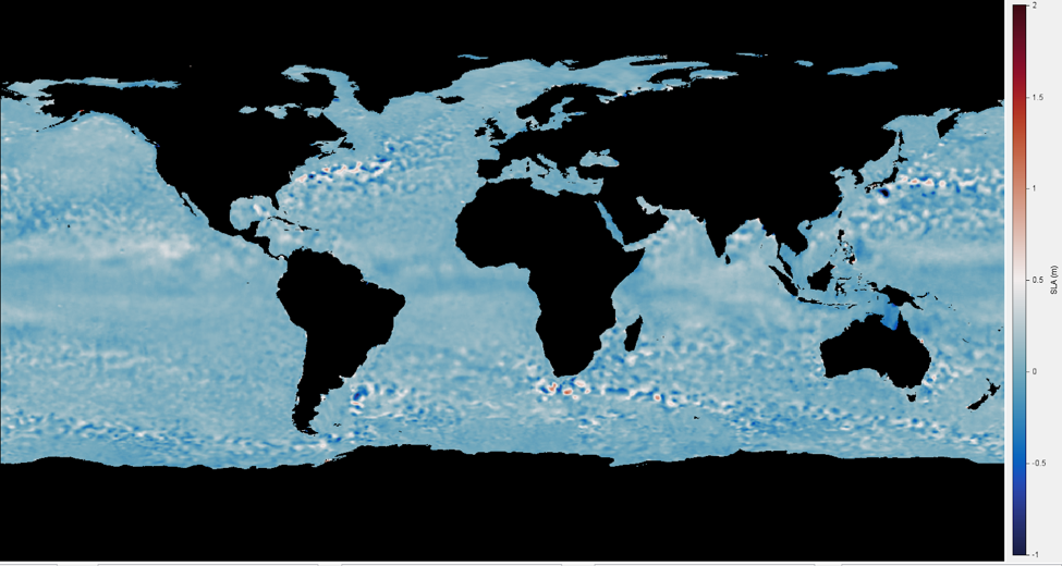 Global map projection displaying sea surface height with a diverging color bar