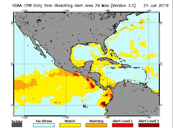 Regional map projection displaying Coral ReefWatch bleaching alert levels using a custom color bar