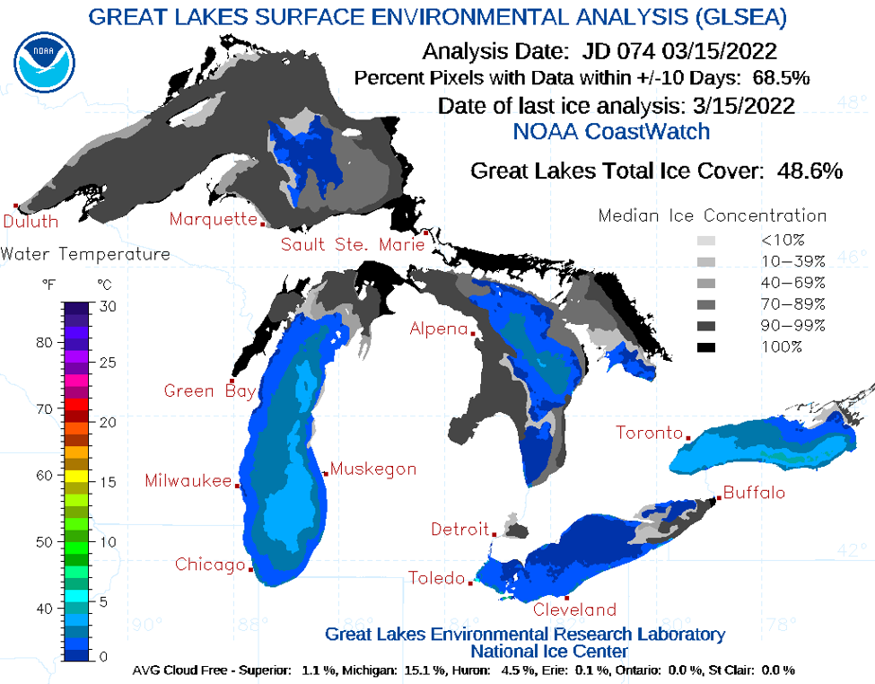 Regional map projection displaying ice cover over the Great Lakes