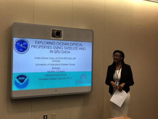 India Oliver presenting her work to NOAA’s Satellite Oceanography and Climatology Division in College Park, MD. Photo credit: NOAA.