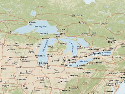 Map of the North American Great Lakes region 
