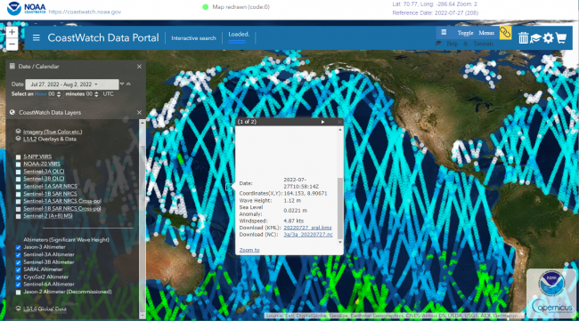 Global map projection showing granule tracts of significant wave height, wind speed, and sea level anomalies. 