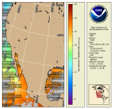 Map projection displaying sea surface temperature over the Eastern Pacific Ocean and Gulf of Mexico