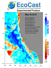 EcoCast experimental forecast product depicting good areas to fish